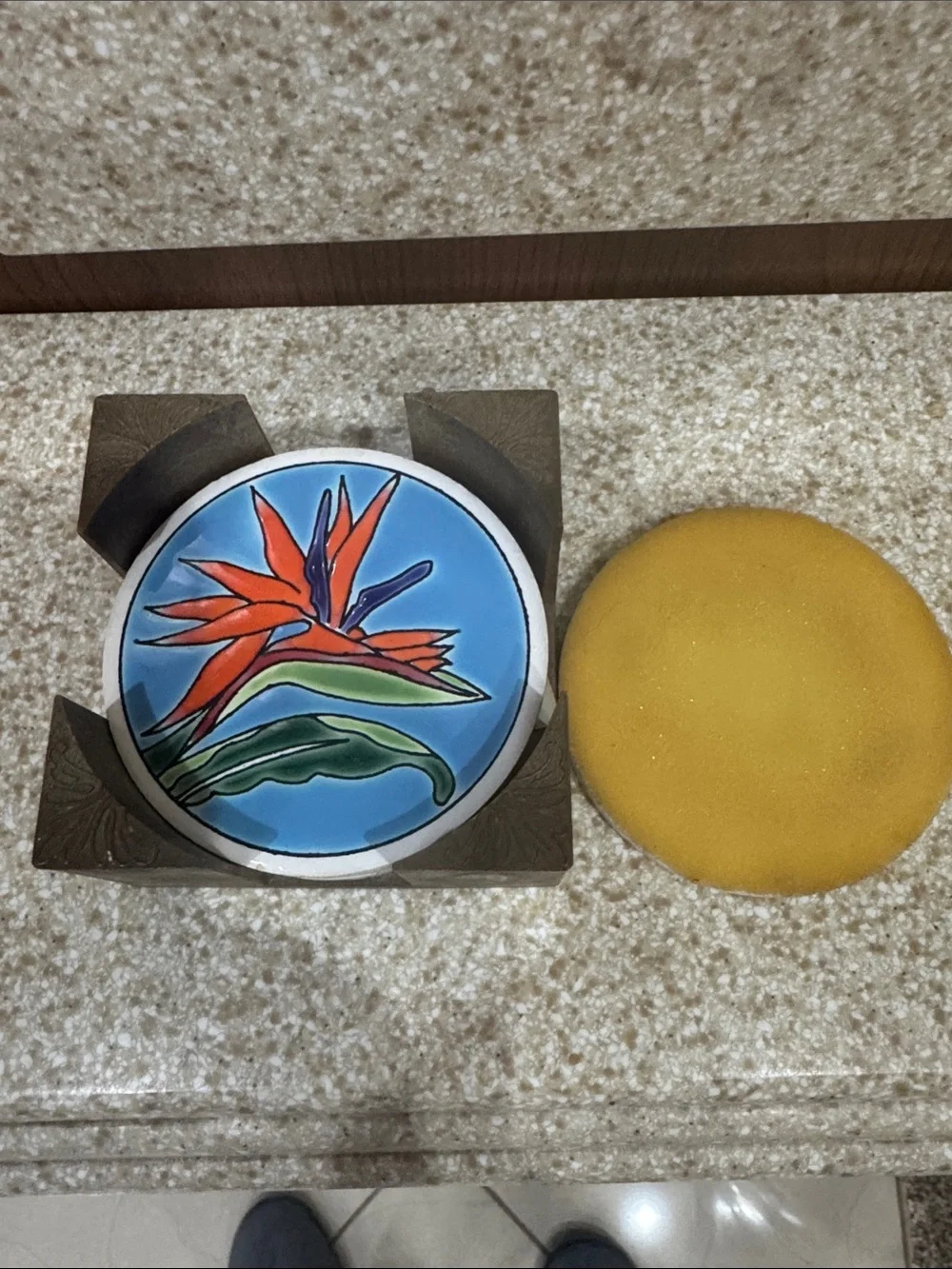 Vintage Hand-Painted Tropical Flowers Ceramic Coaster Set